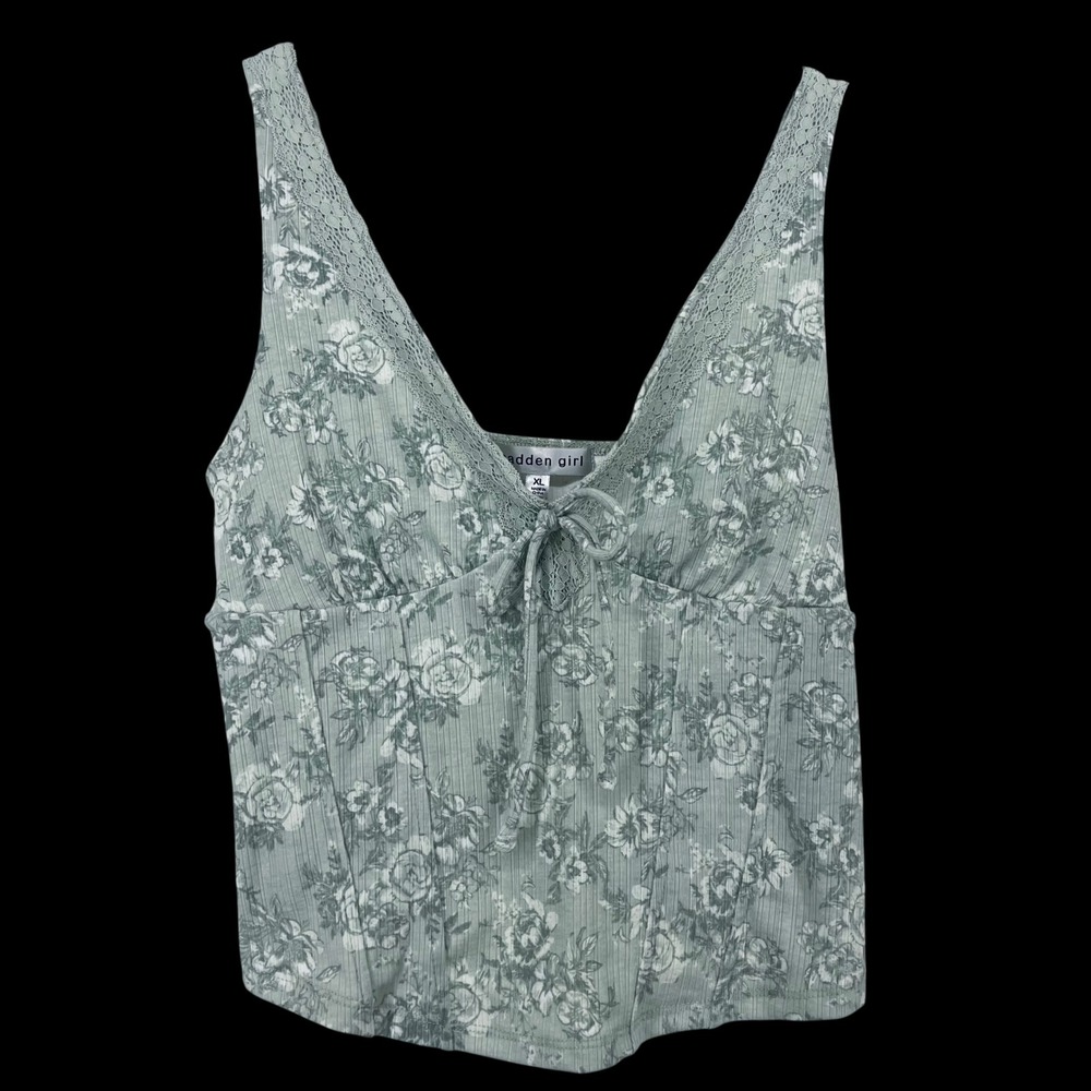 Madden Girl Juniors XL Floral Lace Trim Cami Top Sage Green Ribbed Babydoll